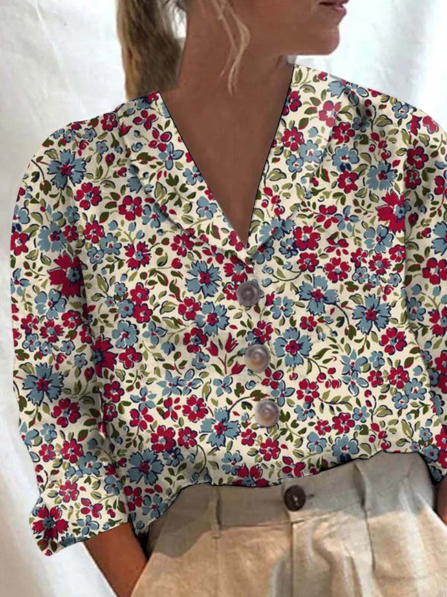 Women’s Red Small Floral Flowers Print Cotton Casual Blouse Multicolor / S