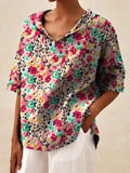 Women’s Red Floral Leopard Print Casual Linen V-Neck Shirt Multicolor / S