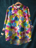 Summer Chrysanthemum Repeat Pattern Printed Women’s Casual Cotton And Linen Shirt Multicolor / S