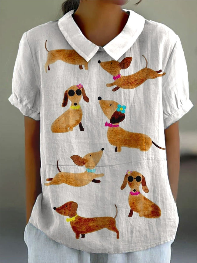 Women’s Cute Dachshund Print Casual Cotton And Linen Shirt Multicolor / S