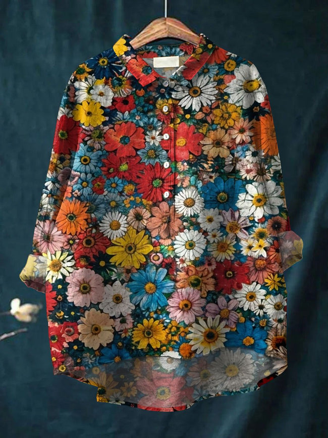 Women’s Vintage Daisy Art Print Casual Cotton And Linen Shirt Multicolor / S