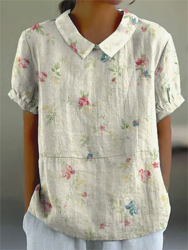 Women’s Floral Print Casual Cotton And Linen Shirt Multicolor / S