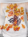 Women's Raccoon Maple Leaf Fall Art Print Off Shoulder Foldover Cinched Top