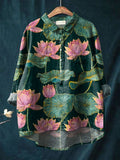 Women’s Vintage Lovely Elegant Lotus Art Print Casual Cotton And Linen Shirt Multicolor / S