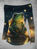 Women's Frog Fall Art Print Off Shoulder Foldover Cinched T-shirt