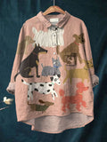 Women’s Cute Dog Art Print Casual Cotton And Linen Shirt Multicolor / S