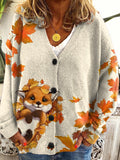 Women's Autumn Maple Leaves Cute Fox Casual Print Buttoned Cardigan Sweater