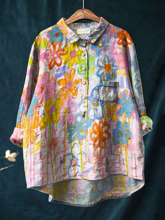 Women’s Vintage Flower Art Print Casual Cotton And Linen Shirt Multicolor / S