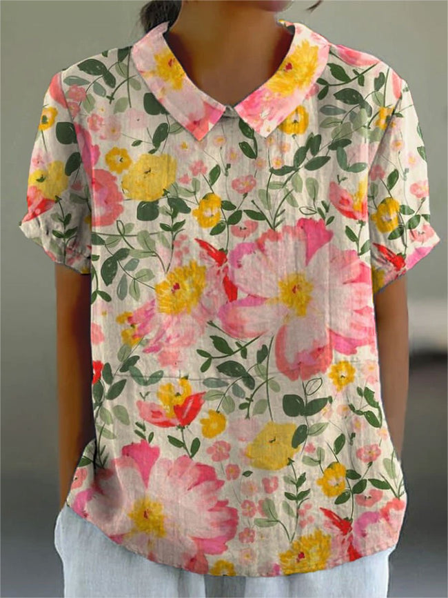 Women’s Flower Print Casual Cotton And Linen Shirt Multicolor / S