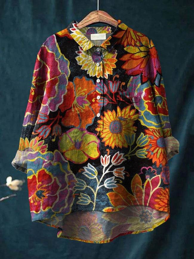 Women’s Flower Print Casual Cotton And Linen Shirt Multicolor / S