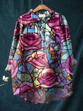 Women’s Purple Flower Window Print On Blue Background Casual Cotton And Linen Shirt Multicolor / S