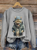 Animal Cool Cat Casual Print Sweatshirt