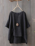 Cotton Linen Solid Color Casual Top Black / M