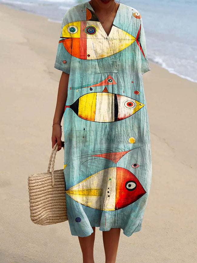 Women’s Vintage Abstract Fish Art Print Flowy Dress Multicolor / S