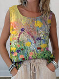 Women’s Retro Elegant Floral Art Print Casual Cotton And Linen Tank Top Multicolor / S