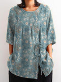 Vintage Petite White Floral Pattern Printed Women’s Casual Cotton And Linen Shirt Blue / S