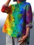 Rainbow Color Splash Paint Pattern Printed Women’s Casual Cotton And Linen Shirt