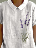 Watercolor Lavender Floral Art Printed Women’s Casual Cotton And Linen Shirt