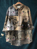 Vintage Lovely Cats Art Print Casual Cotton And Linen Shirt Multicolor / S