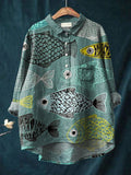 Vintage Lovely Fish Art Print Casual Cotton And Linen Shirt Multicolor / S