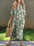 Women’s Lovely Cute Flowers Art Print V-Neck Linen Pocket Dress