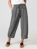 Women’s Slacks With Cotton And Linen Drawstring Pockets Dark Gray / S