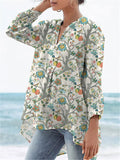 Sweet Summer Fruit And Floral Pattern Printed Women’s Casual Linen V-Neck Shirt Multicolor / S