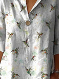 Spring Hummingbird Repeat Pattern Printed Women’s Casual Cotton Linen Shirt