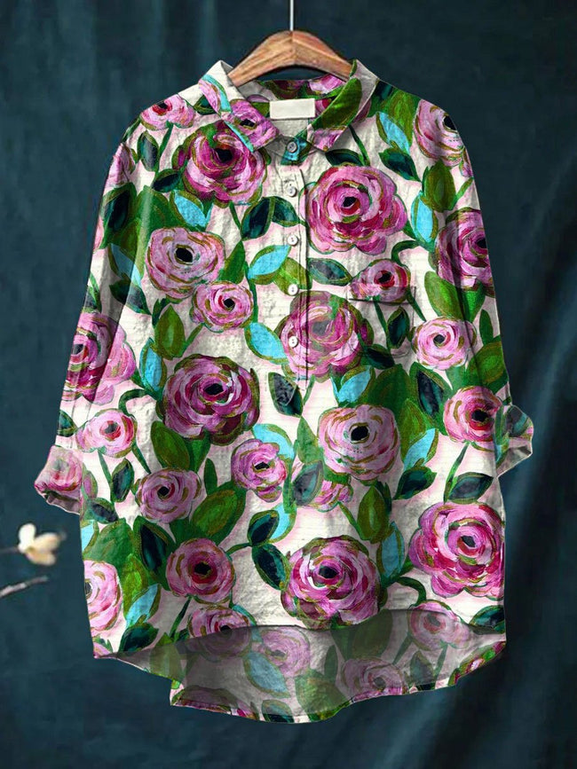 Women’s Flower Print Casual Cotton And Linen Shirt Multicolor / S