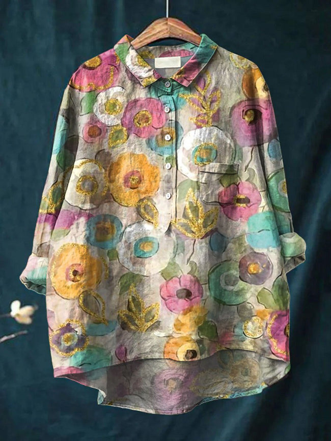 Women’s Flower Print Casual Cotton And Linen Shirt Multicolor / S