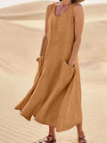 Women Sleeveless Sundress Elegant Round Neck Cotton Linen Solid Long Tank Casual Summer Dress Brown