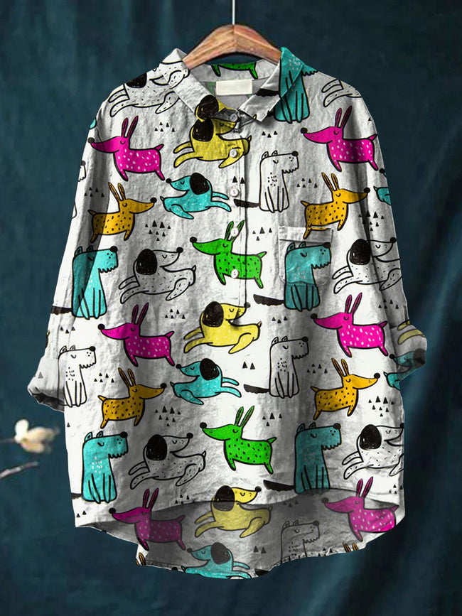 Women’s Dog Art Print Casual Cotton And Linen Shirt Multicolor / S