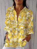 Women’s Yellow Silhouette Floral Print Casual Linen V-Neck Shirt Multicolor / S