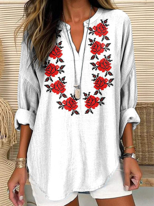 Women’s Red Ethnic Rose Print Casual Linen V-Neck Shirt Multicolor / S