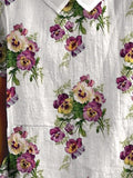 Women’s Vintage Lovely Pansies Art Print Casual Cotton And Linen Shirt