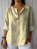 Sweet Petite Spring Garden Pattern Printed Women’s Casual Cotton Linen Shirt Yellow / S