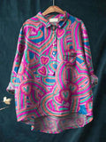 Abstract Heart Pattern Printed Women’s Casual Cotton And Linen Shirt Multicolor / S