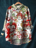 Vintage Lovely Cat Strawberry Art Print Casual Cotton And Linen Shirt Multicolor / S