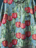 Women’s Vintage Lovely Tulips Art Print Casual Cotton And Linen Shirt