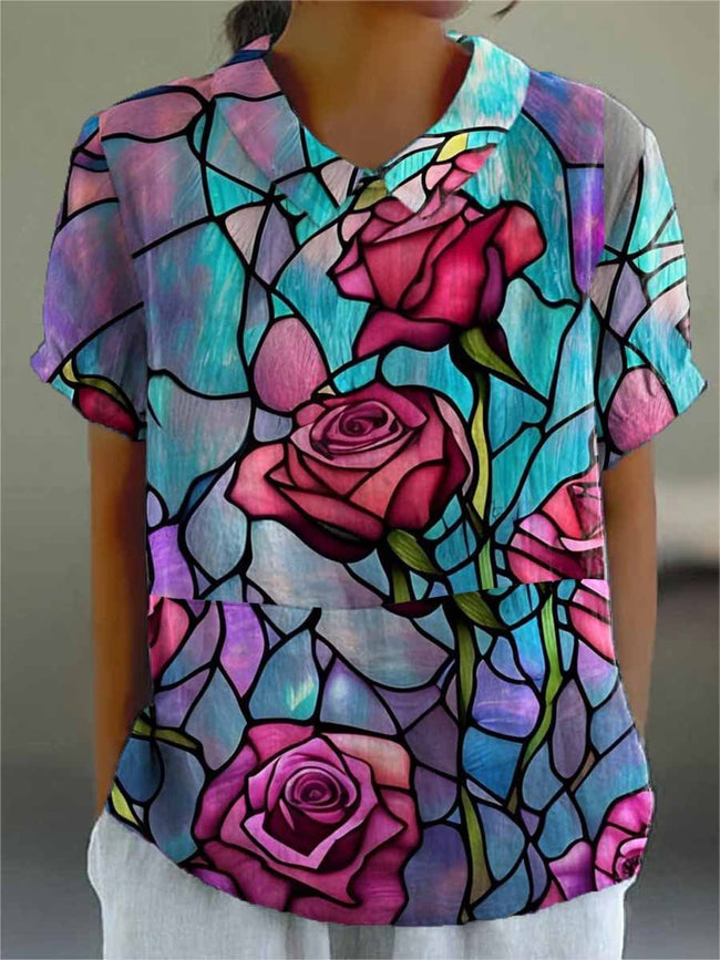 Women’s Rose Red Window Floral Print On Blue Background Casual Cotton And Linen Shirt Multicolor / S