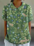 Women’s Vintage Floral Animals Art Print Casual Cotton And Linen Shirt Green / S