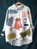 Women’s Cute Cat Art Print Casual Cotton And Linen Shirt Multicolor / S