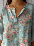 Retro Style Ditsy Rose Pattern Printed Women’s Casual Cotton Linen Shirt