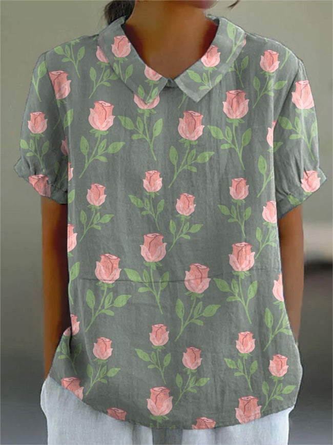 Women’s Rose Flower Print Casual Cotton And Linen Shirt Multicolor / S