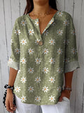 Lovely White Daisy Pattern Printed Women’s Casual Cotton Linen Shirt Greenwhite / S