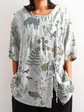 Woodland And Animals Repeat Pattern Printed Women’s Casual Cotton Linen Shirt White / S