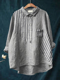 Stripes Pattern Printed Women’s Casual Cotton And Linen Shirt Grey / S