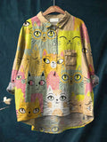 Vintage Lovely Cats Art Print Casual Cotton And Linen Shirt Multicolor / S