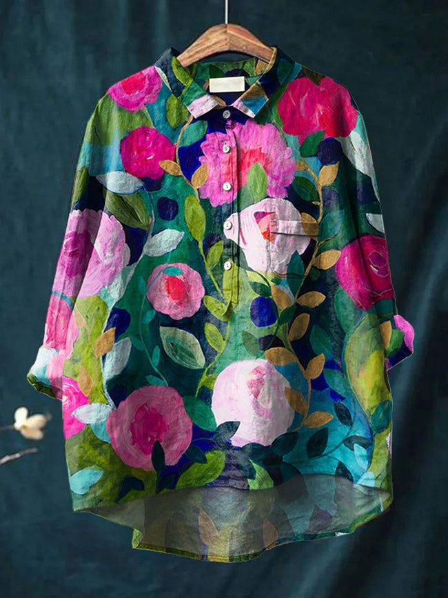 Women’s Flower Print Casual Cotton And Linen Shirt Multicolor / S