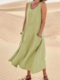 Women Sleeveless Sundress Elegant Round Neck Cotton Linen Solid Long Tank Casual Summer Dress Light